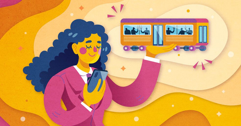 illustration of woman holding bus full of people