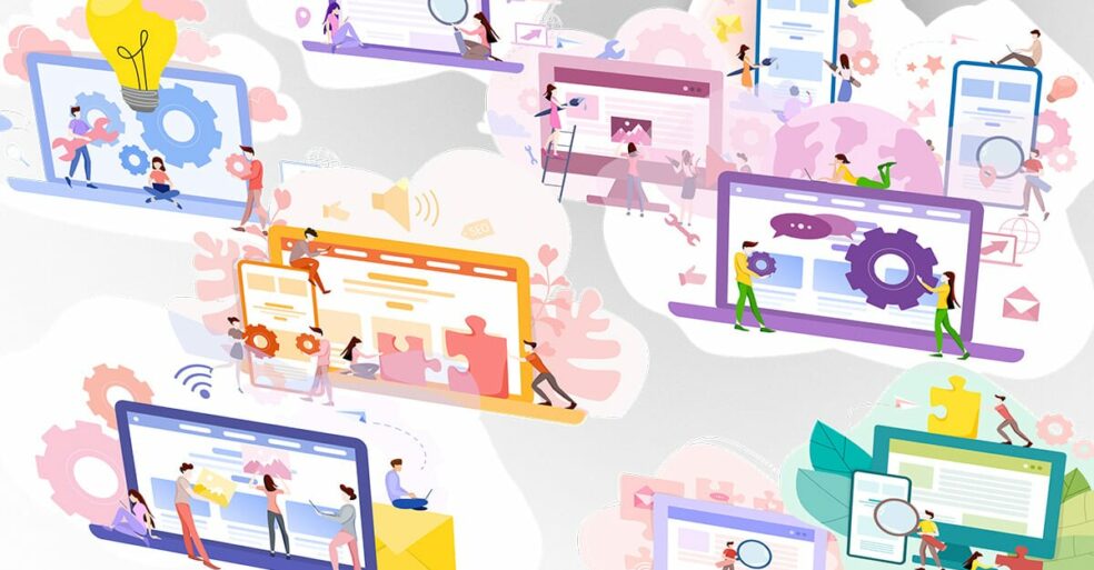 colorful laptops showing B2B social media examples.