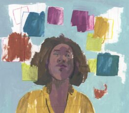 Woman in yellow shirt with abstract communication bubbles.