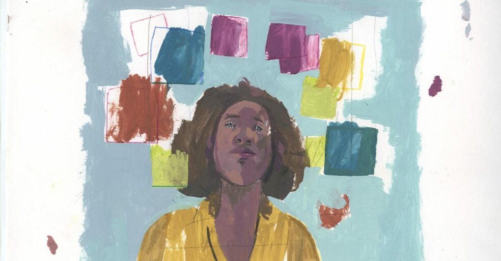 Woman in yellow shirt with abstract communication bubbles.