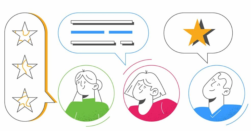 illustration of three people giving employee feedback.