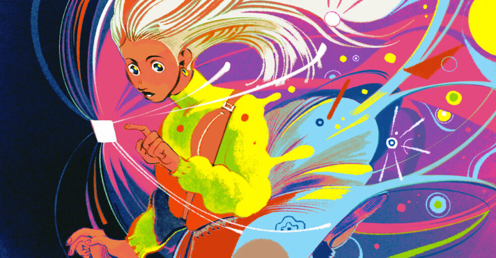 colorful illustration of woman using app