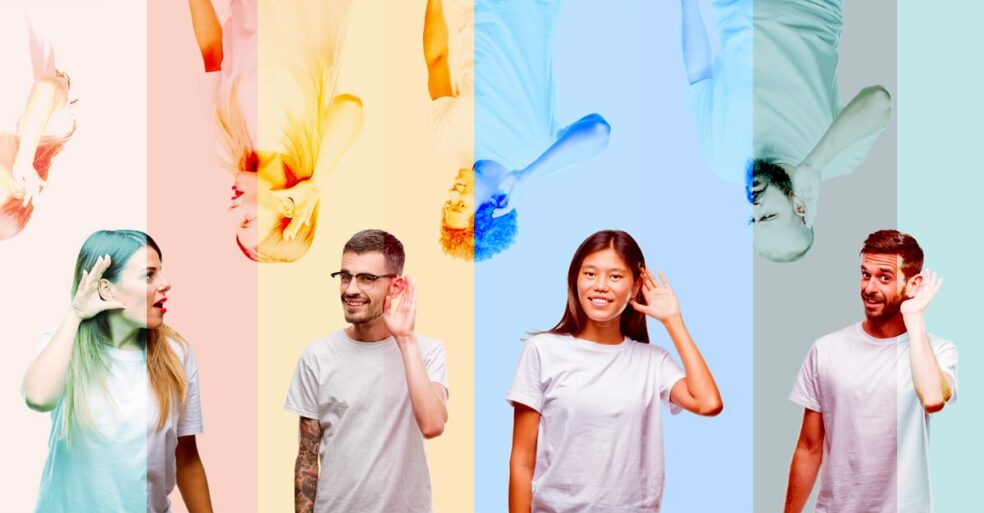 4 social people listening to each other.