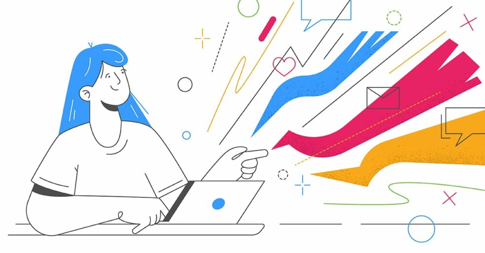 Artistic rendering of woman using various social media accounts at work.