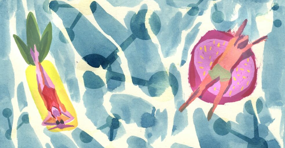 two types of social media influencers in a pool on vacation.