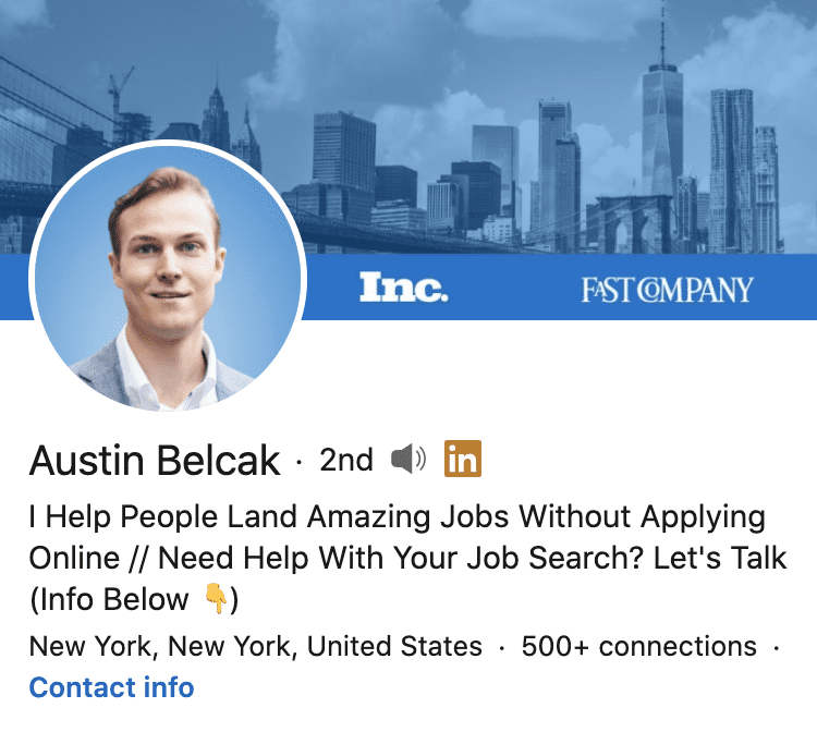 personal brand statement example from Autsin Belcak's LinkedIn profile